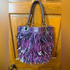 🛑 SOLD 🛑 Amazing.. Rare Coach Purple Fringe Handbag Tote Leather Suede